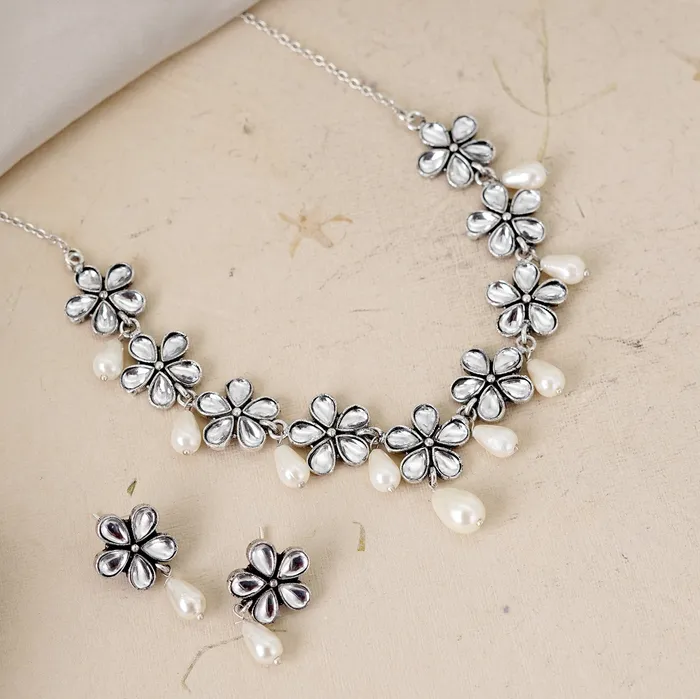 Teejh Unnati Silver Oxidised Polki Necklace Set Teejh Necklaces