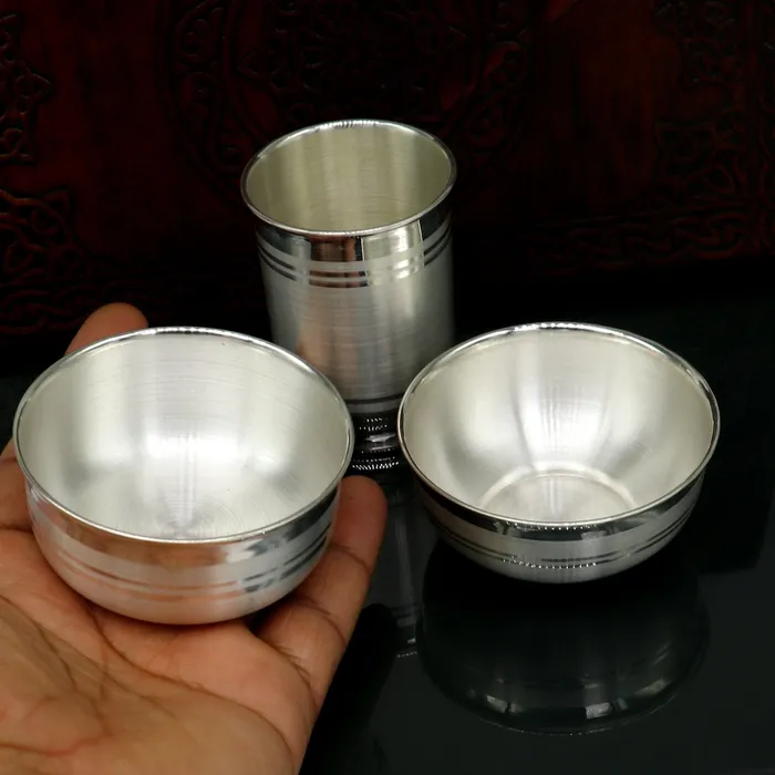 999 pure silver combo of two different design bowl and glass silver vessel silver baby utensils silver puja article puja utensils sv109 TRIBAL ORNAMENTS Necklaces