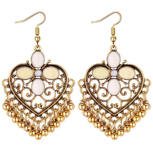 Earrings E1640 Gold Heart Beige Enamel Bead Tassel Earrings 02