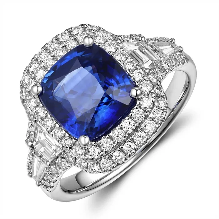 18K White Gold Cushion Sapphire with Double Diamond Halo Ring with Trapezoid and Tapered Baguette Diamond Sides Meierotto Jewelers Rings