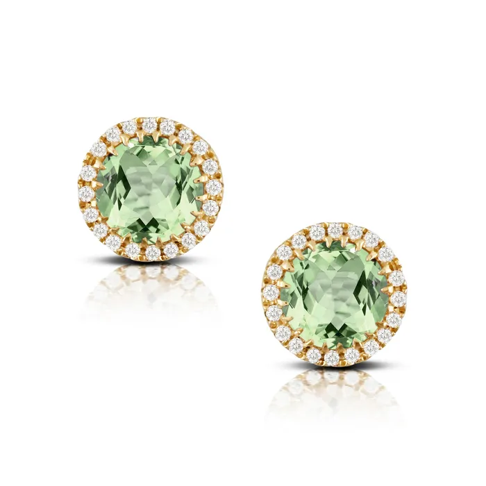Earrings Croghans Green Amethyst Diamond Halo 18K Yellow Gold Stud Earrings Earrings Croghans Green Amethyst Diamond Halo 18K Yellow Gold Stud Earrings