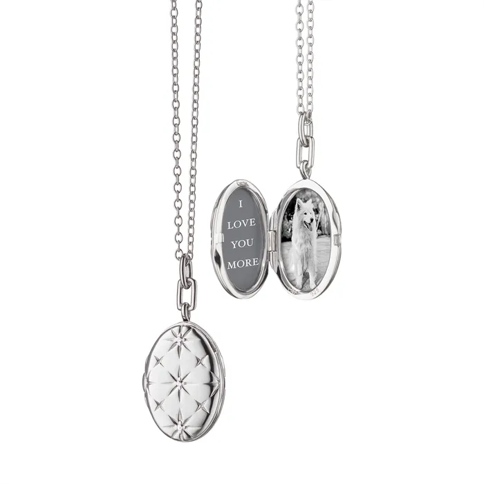Monica Rich Kosann Necklaces Monica Rich Kosann Sterling Silver Oval Locket Necklace with Mosaic Star Design and White Sapphires Monica Rich Kosann Necklaces Monica Rich Kosann Sterling Silver Oval Locket Necklace with Mosaic Star Design and White Sapphires