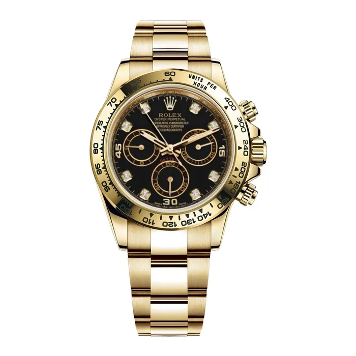 Rolex Cosmograph Daytona 40mm Ref 1165080008 Black Diamond Dial 18K Yellow Gold Oyster Bracelet Mens Watch Rolex Bracelets Rolex Cosmograph Daytona 40mm Ref 1165080008 Black Diamond Dial 18K Yellow Gold Oyster Bracelet Mens Watch Rolex Bracelets