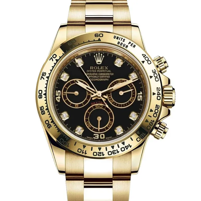 Rolex Cosmograph Daytona 40mm Ref 1165080008 Black Diamond Dial 18K Yellow Gold Oyster Bracelet Mens Watch Rolex Bracelets