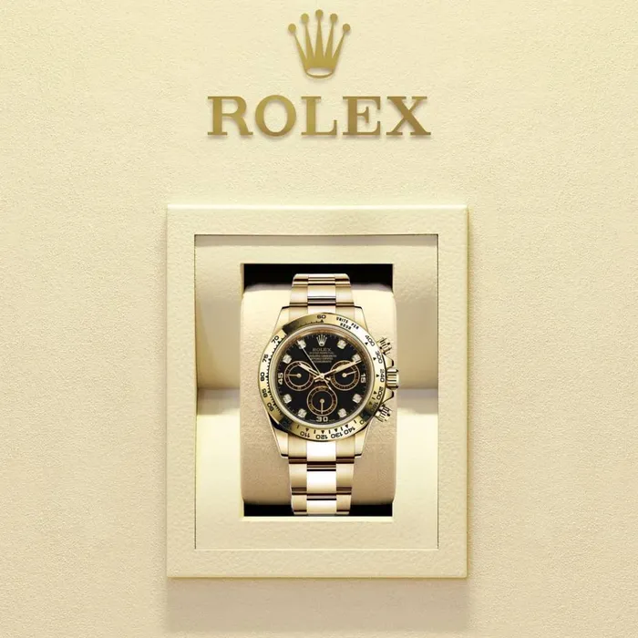 Rolex Cosmograph Daytona 40mm Ref 1165080008 Black Diamond Dial 18K Yellow Gold Oyster Bracelet Mens Watch Rolex Bracelets