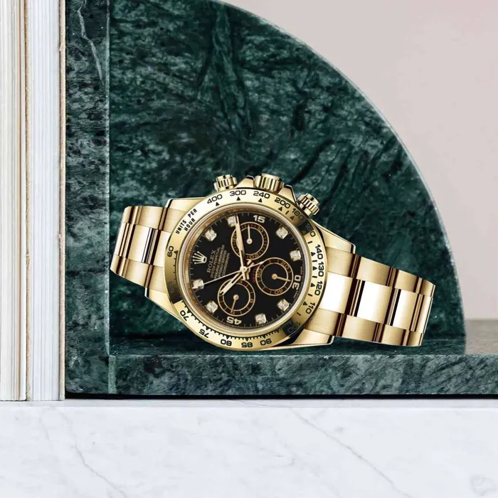 Rolex Cosmograph Daytona 40mm Ref 1165080008 Black Diamond Dial 18K Yellow Gold Oyster Bracelet Mens Watch Rolex Bracelets