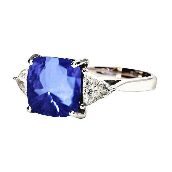 GB Rings White Gold Cushion Ceylon Blue Sapphire Natural Earth Mined Diamond 3 Carats 3Stone Ring GB Rings White Gold Cushion Ceylon Blue Sapphire Natural Earth Mined Diamond 3 Carats 3Stone Ring