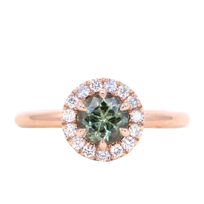 092ct Round Montana Sapphire Low Profile Diamond Halo Ring In 18k Rose Gold Anueva Jewelry Rings 092ct Round Montana Sapphire Low Profile Diamond Halo Ring In 18k Rose Gold Anueva Jewelry Rings