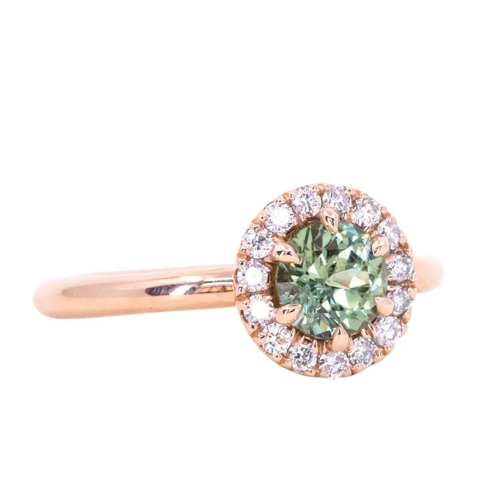 092ct Round Montana Sapphire Low Profile Diamond Halo Ring In 18k Rose Gold Anueva Jewelry Rings