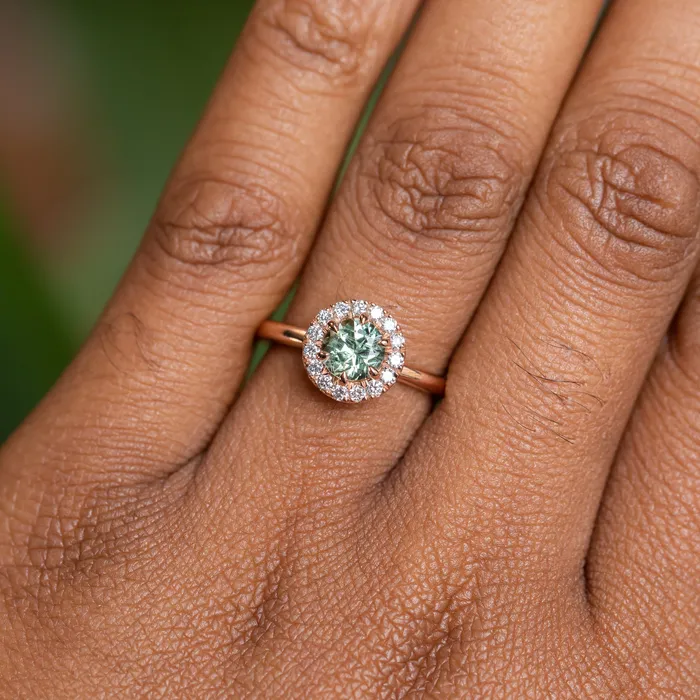 092ct Round Montana Sapphire Low Profile Diamond Halo Ring In 18k Rose Gold Anueva Jewelry Rings