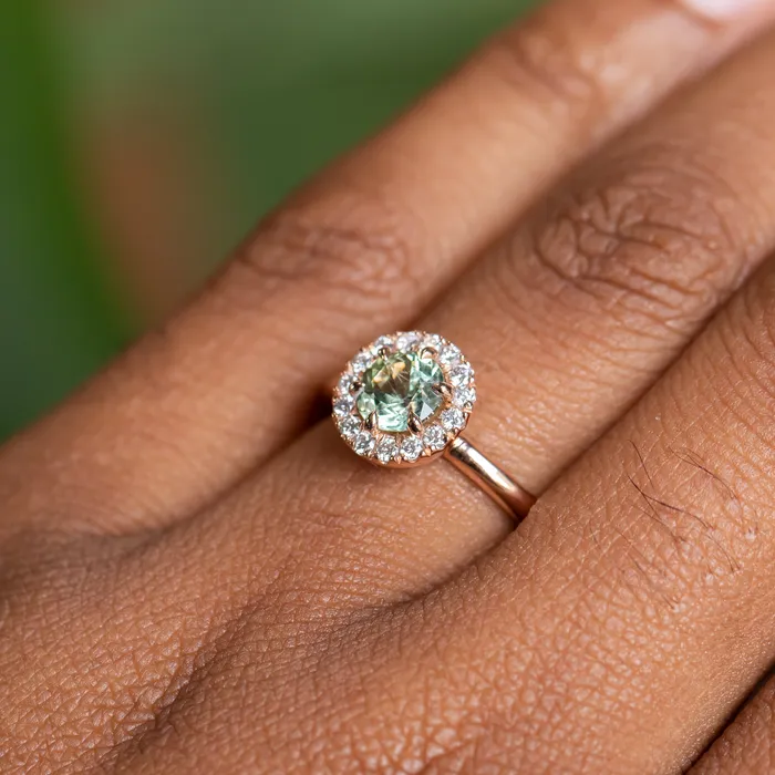 092ct Round Montana Sapphire Low Profile Diamond Halo Ring In 18k Rose Gold Anueva Jewelry Rings