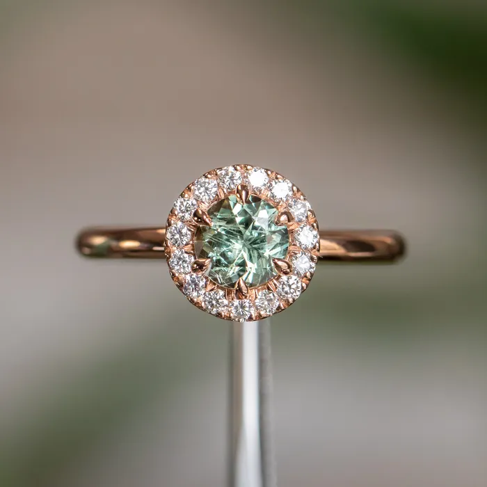 092ct Round Montana Sapphire Low Profile Diamond Halo Ring In 18k Rose Gold Anueva Jewelry Rings