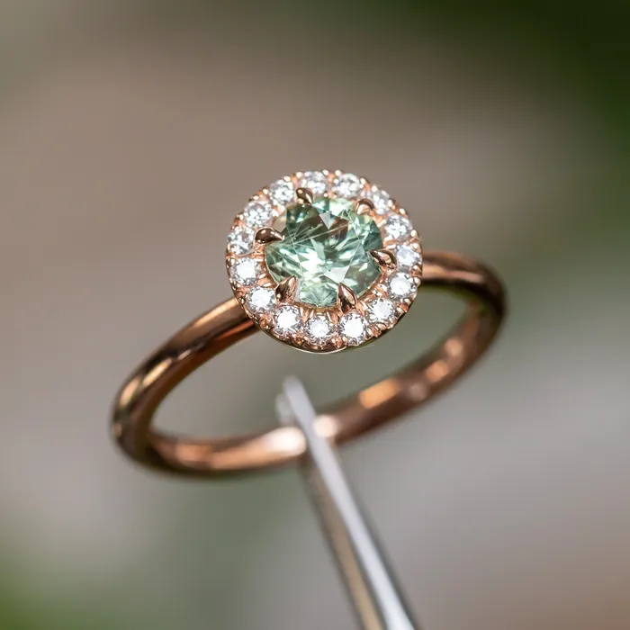 092ct Round Montana Sapphire Low Profile Diamond Halo Ring In 18k Rose Gold Anueva Jewelry Rings
