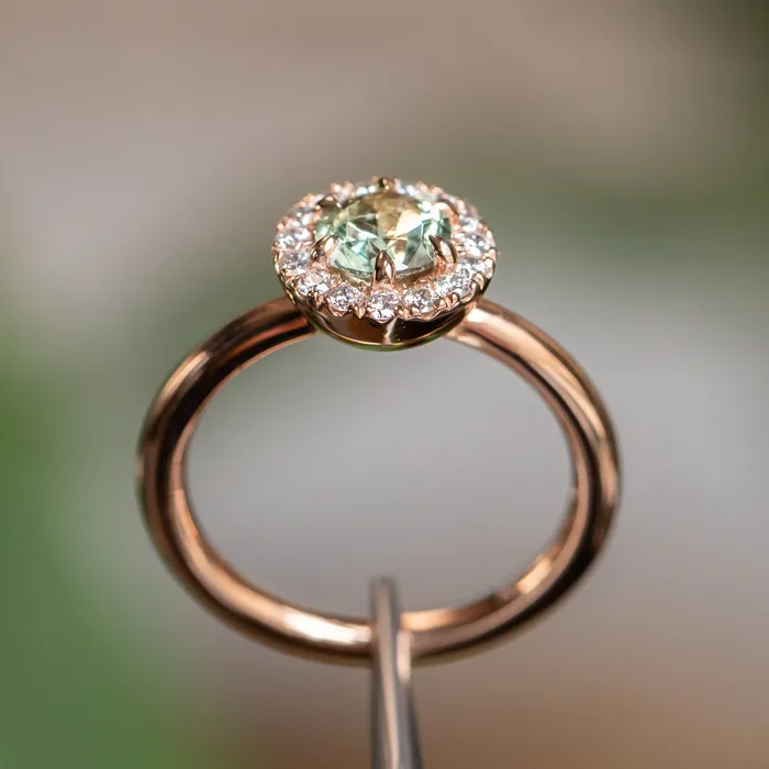 092ct Round Montana Sapphire Low Profile Diamond Halo Ring In 18k Rose Gold Anueva Jewelry Rings