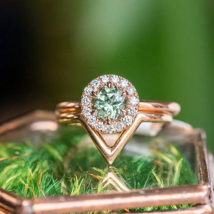 092ct Round Montana Sapphire Low Profile Diamond Halo Ring In 18k Rose Gold Anueva Jewelry Rings