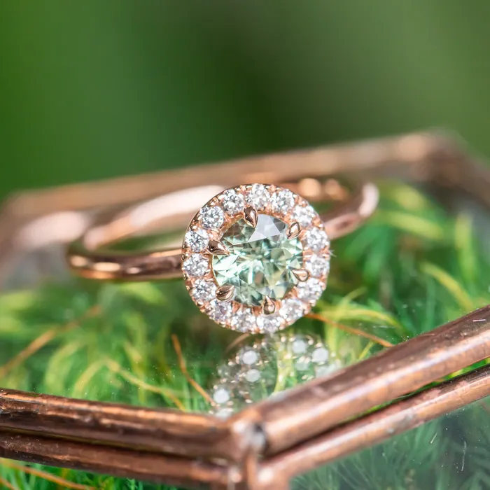 092ct Round Montana Sapphire Low Profile Diamond Halo Ring In 18k Rose Gold Anueva Jewelry Rings