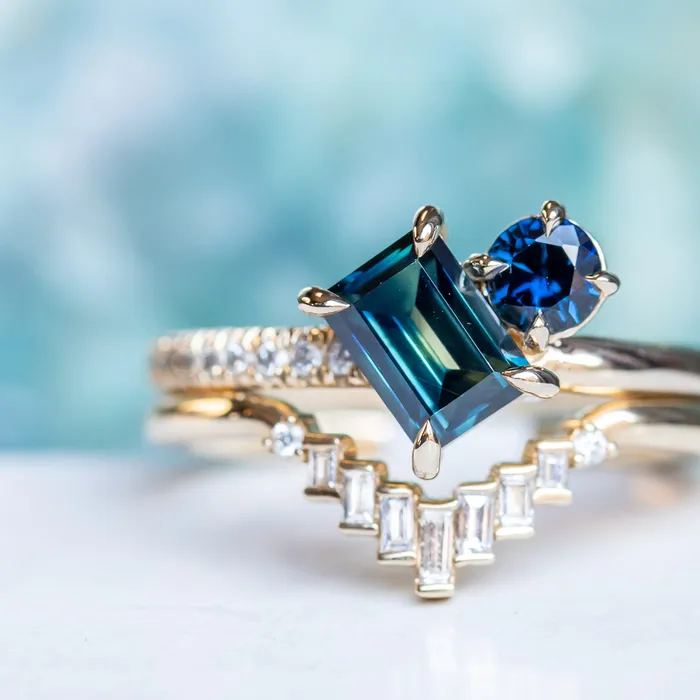 105ct Askew Baguette Sapphire 030ct Round Sapphire Toi Et Moi Ring in 14k Yellow Gold Anueva Jewelry Rings