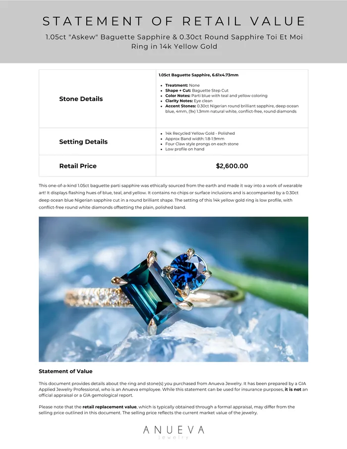105ct Askew Baguette Sapphire 030ct Round Sapphire Toi Et Moi Ring in 14k Yellow Gold Anueva Jewelry Rings