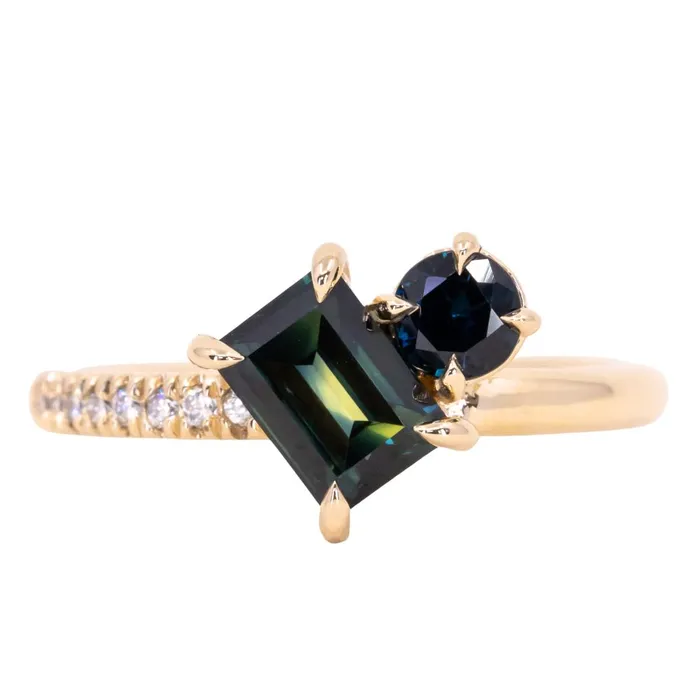 105ct Askew Baguette Sapphire 030ct Round Sapphire Toi Et Moi Ring in 14k Yellow Gold Anueva Jewelry Rings