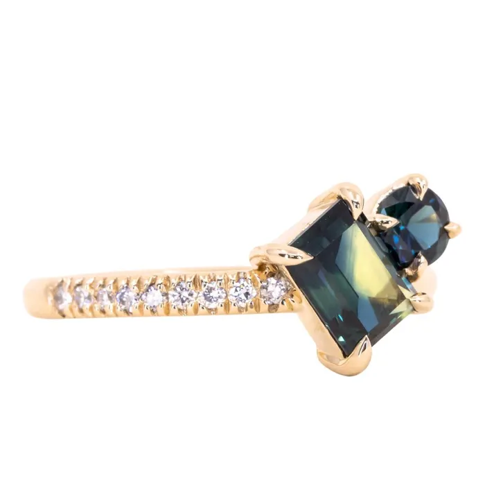 105ct Askew Baguette Sapphire 030ct Round Sapphire Toi Et Moi Ring in 14k Yellow Gold Anueva Jewelry Rings
