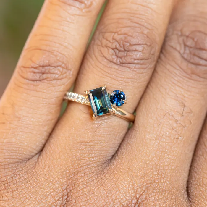 105ct Askew Baguette Sapphire 030ct Round Sapphire Toi Et Moi Ring in 14k Yellow Gold Anueva Jewelry Rings