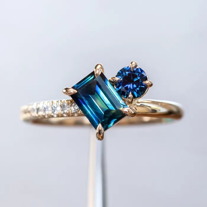 105ct Askew Baguette Sapphire 030ct Round Sapphire Toi Et Moi Ring in 14k Yellow Gold Anueva Jewelry Rings