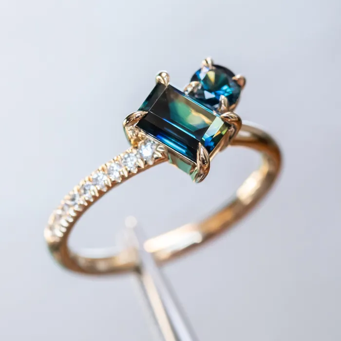 105ct Askew Baguette Sapphire 030ct Round Sapphire Toi Et Moi Ring in 14k Yellow Gold Anueva Jewelry Rings