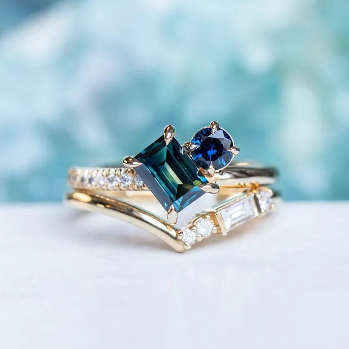 105ct Askew Baguette Sapphire 030ct Round Sapphire Toi Et Moi Ring in 14k Yellow Gold Anueva Jewelry Rings