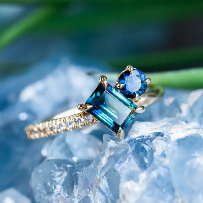 105ct Askew Baguette Sapphire 030ct Round Sapphire Toi Et Moi Ring in 14k Yellow Gold Anueva Jewelry Rings