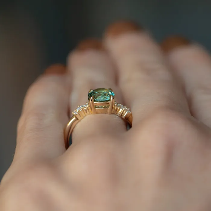 150ct Precision Cut Minty Teal Montana Sapphire and Diamond ring in 14k Yellow Gold Americut Gems Rings