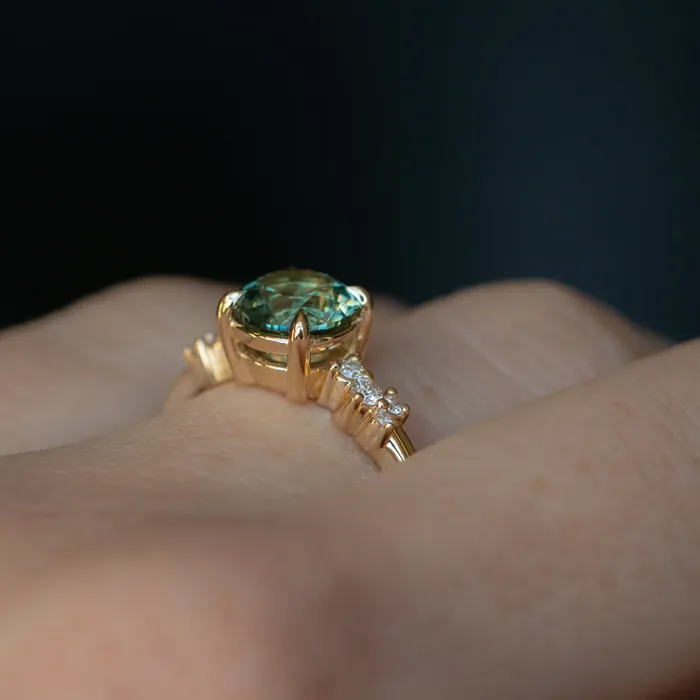 150ct Precision Cut Minty Teal Montana Sapphire and Diamond ring in 14k Yellow Gold Americut Gems Rings