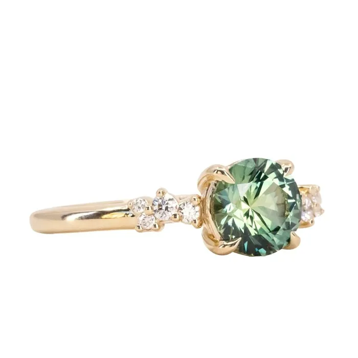 150ct Precision Cut Minty Teal Montana Sapphire and Diamond ring in 14k Yellow Gold Americut Gems Rings