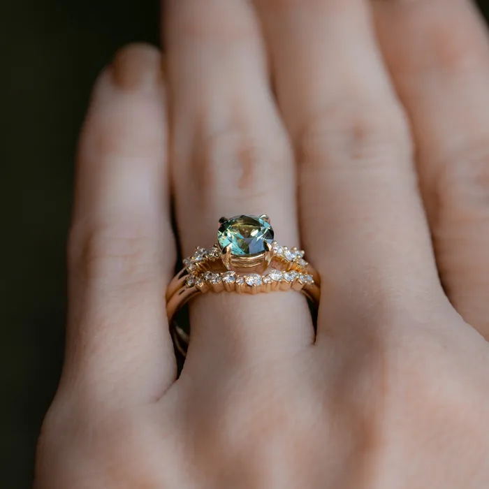150ct Precision Cut Minty Teal Montana Sapphire and Diamond ring in 14k Yellow Gold Americut Gems Rings