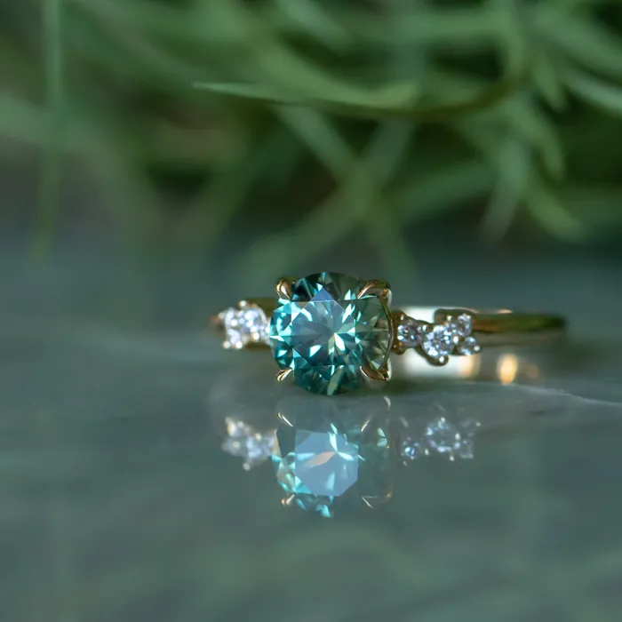 150ct Precision Cut Minty Teal Montana Sapphire and Diamond ring in 14k Yellow Gold Americut Gems Rings