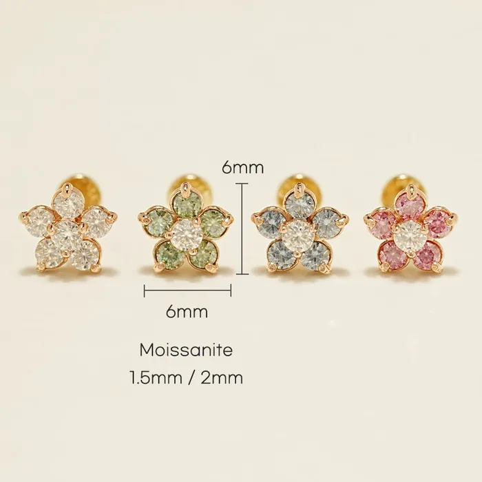 14K Gold Flower Moissanite Internally Threaded Labret Piercing 20G18G16G MinimalBijoux Earrings