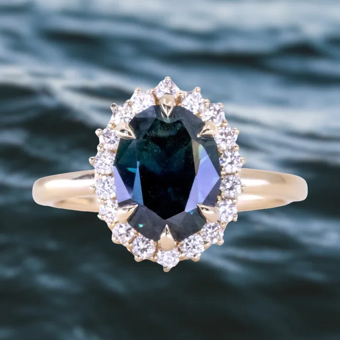 266ct Untreated Oval Nigerian Sapphire AntiqueStyle Diamond Halo Ring in 14k Yellow Gold Brume Rings 266ct Untreated Oval Nigerian Sapphire AntiqueStyle Diamond Halo Ring in 14k Yellow Gold Brume Rings