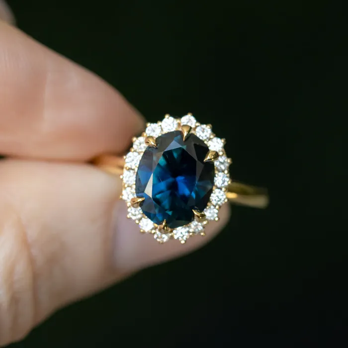 266ct Untreated Oval Nigerian Sapphire AntiqueStyle Diamond Halo Ring in 14k Yellow Gold Brume Rings