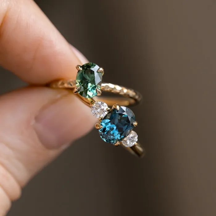 Armfest sapphires 187ct Oval Untreated Songean Ocean Blue Sapphire and Lab Grown Diamond Dainty Three Stone Ring in 18k Yellow Gold Rings