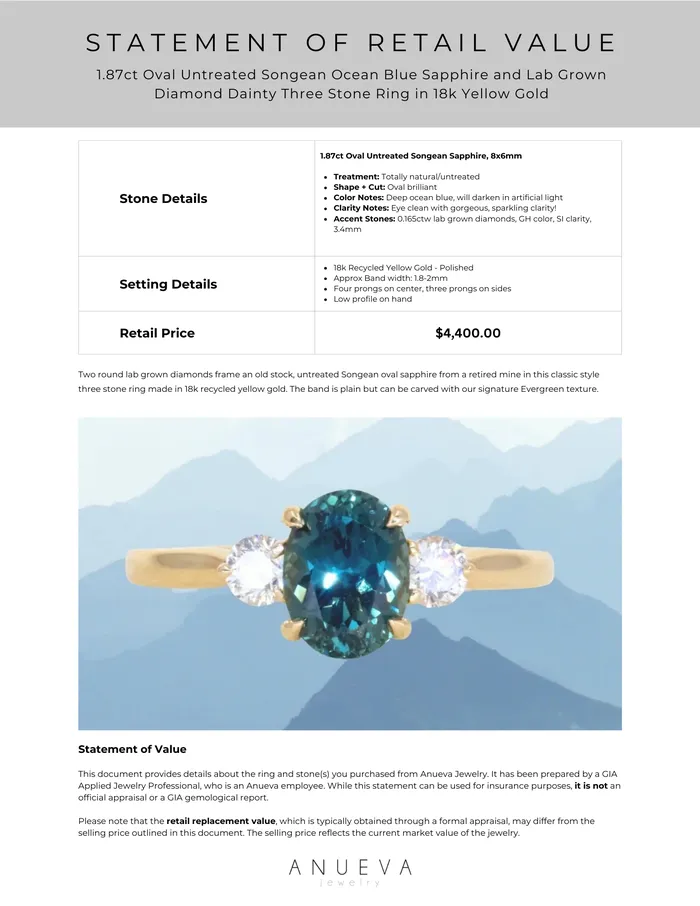 Armfest sapphires 187ct Oval Untreated Songean Ocean Blue Sapphire and Lab Grown Diamond Dainty Three Stone Ring in 18k Yellow Gold Rings