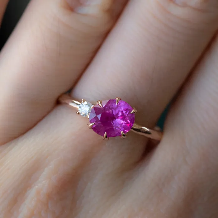 Rings Anueva Jewelry 161ct Oval Neon Pink Sapphire and Diamond Asymmetrical Ring in 14k Rose Gold