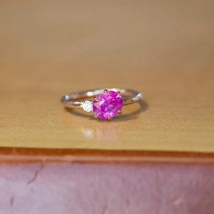 Rings Anueva Jewelry 161ct Oval Neon Pink Sapphire and Diamond Asymmetrical Ring in 14k Rose Gold