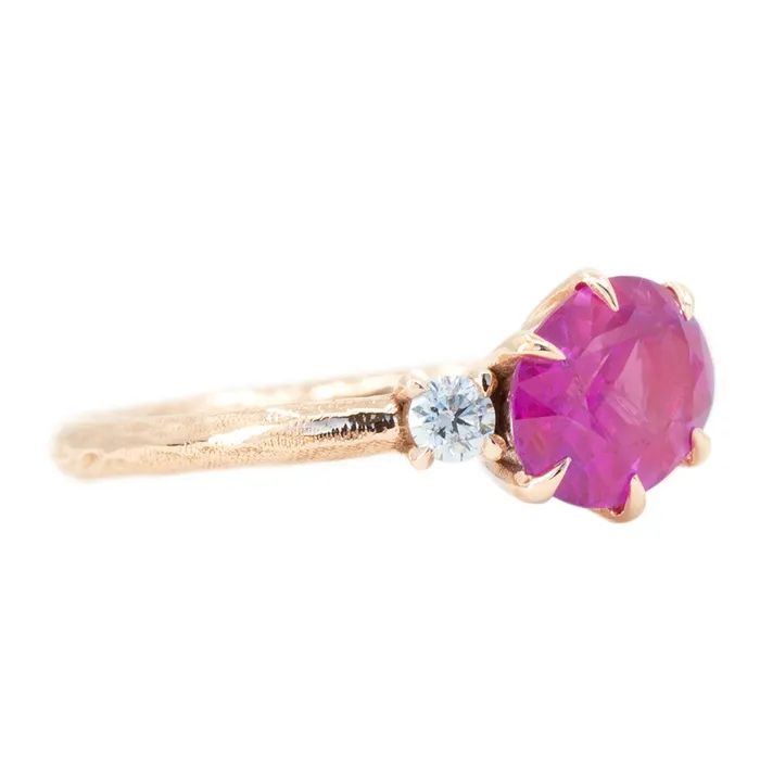 Rings Anueva Jewelry 161ct Oval Neon Pink Sapphire and Diamond Asymmetrical Ring in 14k Rose Gold