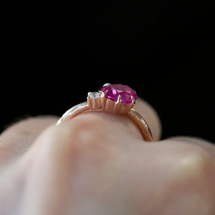 Rings Anueva Jewelry 161ct Oval Neon Pink Sapphire and Diamond Asymmetrical Ring in 14k Rose Gold