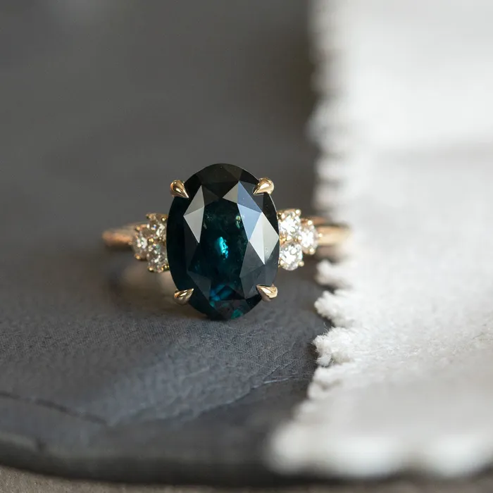 Rings Anueva Jewelry 441ct Deep Midnight Blue Montana Sapphire and Diamond Evergreen Cluster Ring in 14k Yellow Gold