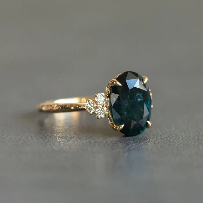 Rings Anueva Jewelry 441ct Deep Midnight Blue Montana Sapphire and Diamond Evergreen Cluster Ring in 14k Yellow Gold