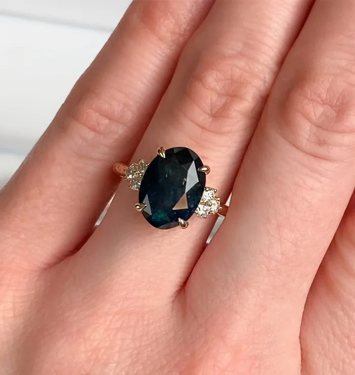 Rings Anueva Jewelry 441ct Deep Midnight Blue Montana Sapphire and Diamond Evergreen Cluster Ring in 14k Yellow Gold