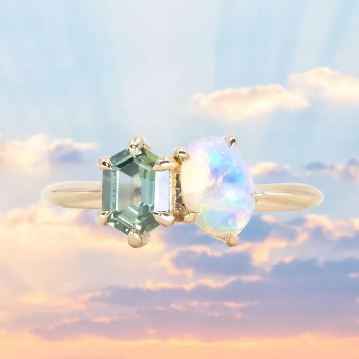 Rings Anueva Jewelry Toi Et Moi 074ct Hexagon Sapphire and 041ct Opal Ring in 14k Yellow gold Rings Anueva Jewelry Toi Et Moi 074ct Hexagon Sapphire and 041ct Opal Ring in 14k Yellow gold