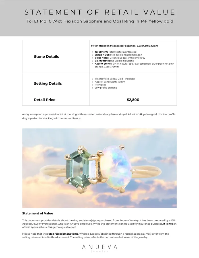 Rings Anueva Jewelry Toi Et Moi 074ct Hexagon Sapphire and 041ct Opal Ring in 14k Yellow gold