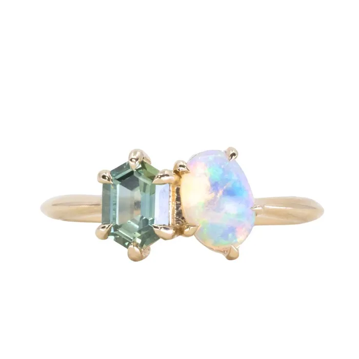 Rings Anueva Jewelry Toi Et Moi 074ct Hexagon Sapphire and 041ct Opal Ring in 14k Yellow gold