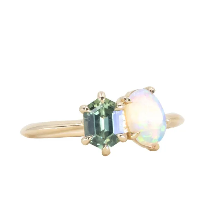 Rings Anueva Jewelry Toi Et Moi 074ct Hexagon Sapphire and 041ct Opal Ring in 14k Yellow gold
